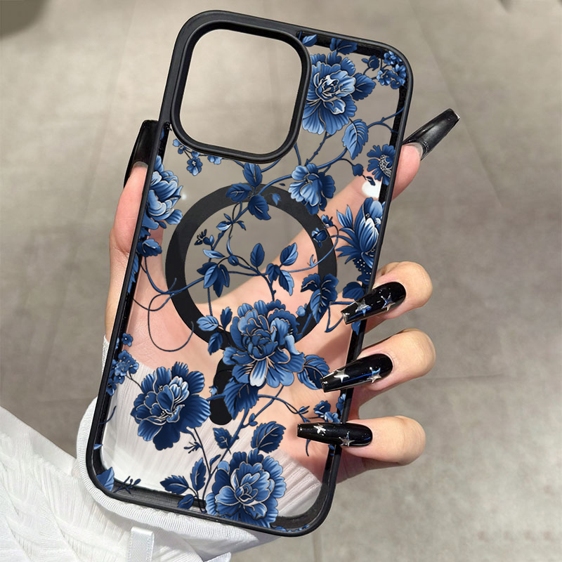 Phone Cases Unique - Luxuriöse Vintage Blaue Blumenmuster Magnetische Handyhülle
