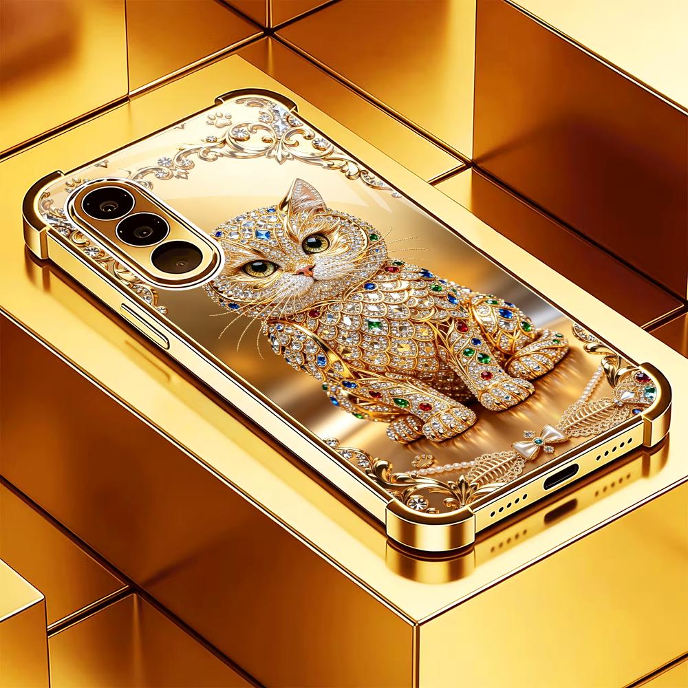 Phone Cases Cat - Niedliche Edelstein-Goldkatze Handyhülle aus gehärtetem Glas